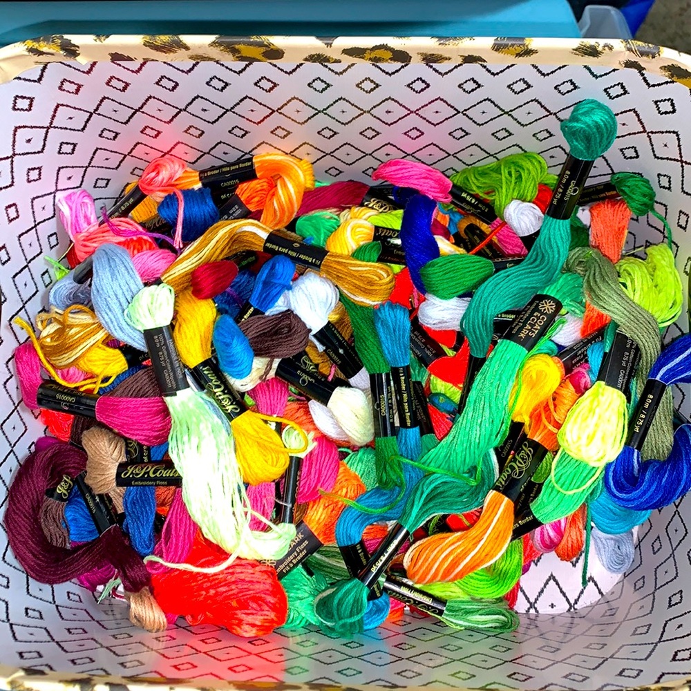 Embroidery yarn and towels. Towels new in bag.
